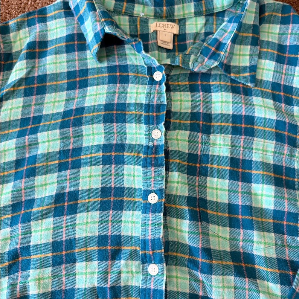 J. Crew Teal and Mint Plaid Shirt 100% Cotton - Picture 3 of 4